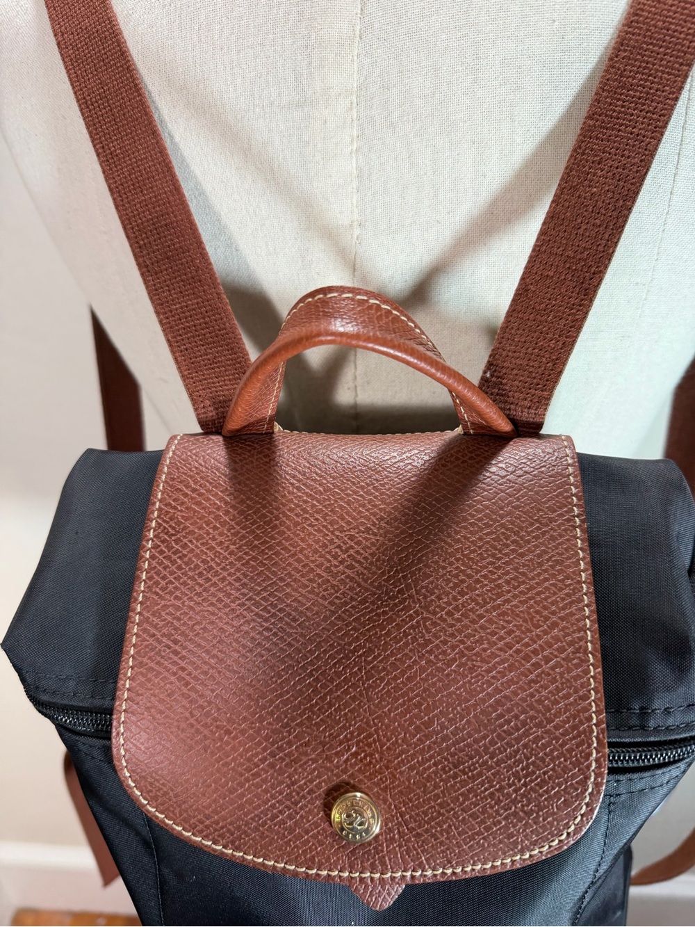 Longchamp Black Nylon Backpack with Brown Leather Trim - Picture 4 of 15